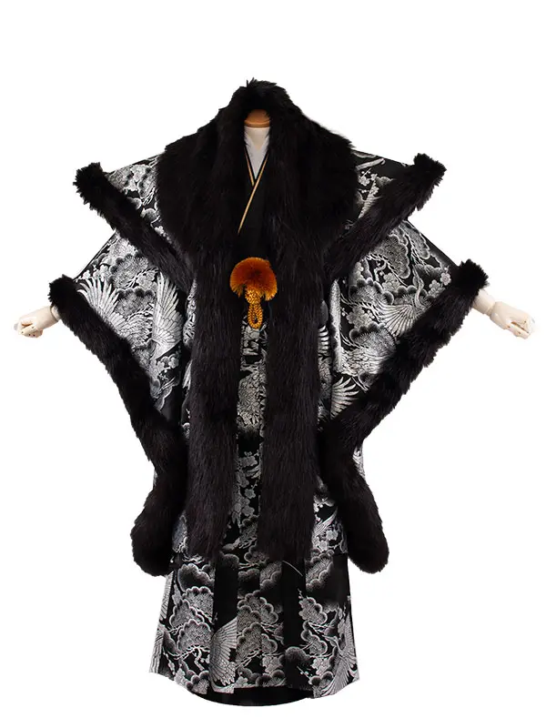 男性用袴 打掛紋付 黒地 豪華絢爛 鶴 ファー付き /6Z36
