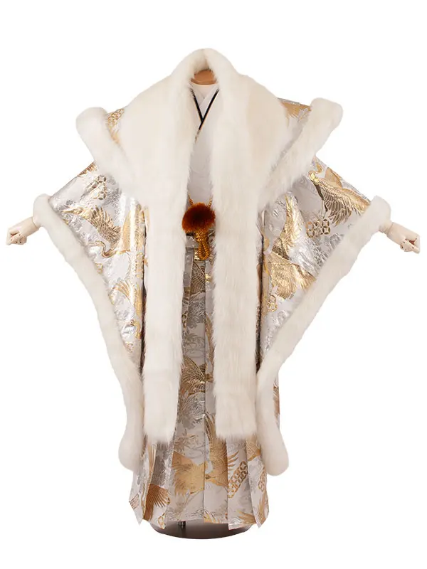 男性用袴 打掛紋付 白地 豪華絢爛 鶴 ファー付き /6Z37