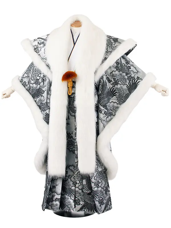 男性用袴 打掛紋付 シルバー 豪華絢爛 鶴 ファー付き /6Z39