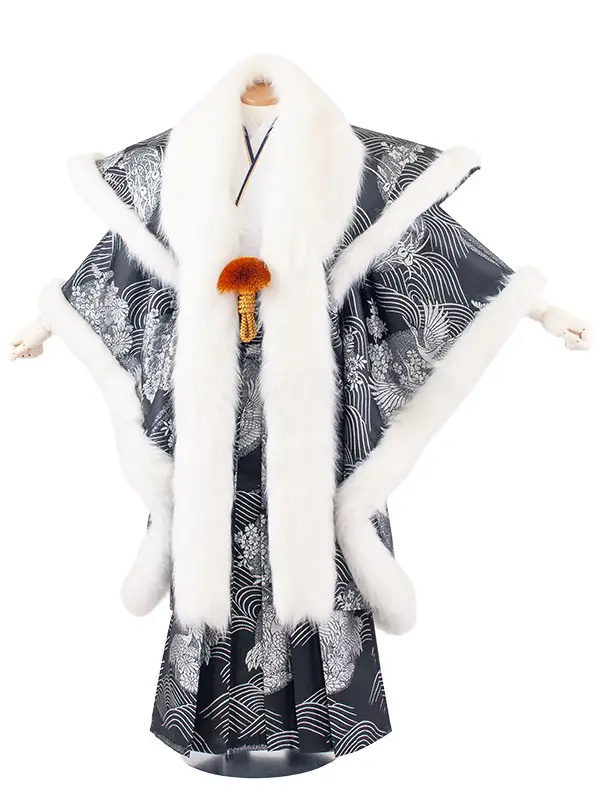 男性用袴 打掛紋付 黒地 豪華絢爛 鶴 ファー付き /6Z40