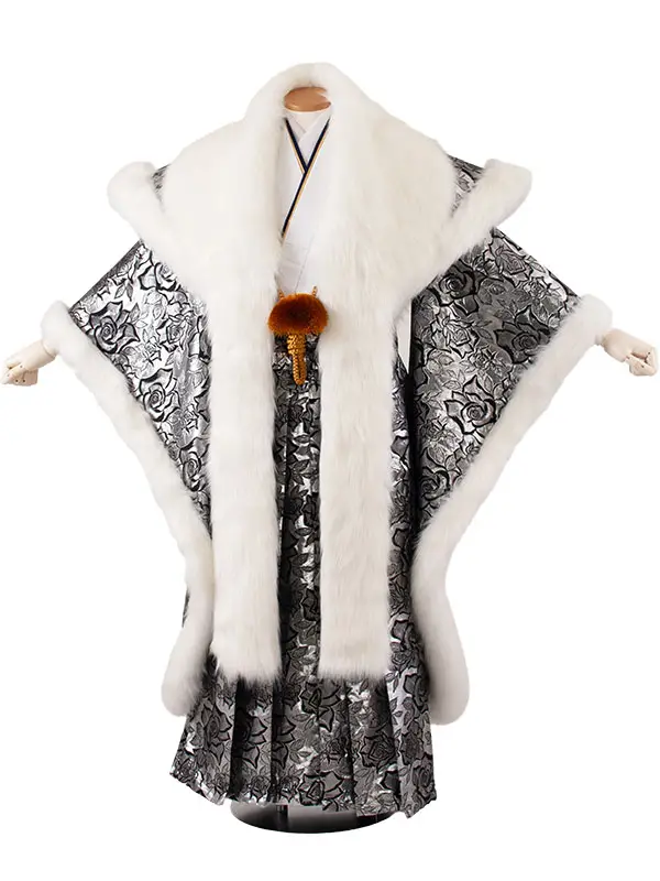 男性用袴 打掛紋付 シルバー 豪華絢爛 薔薇 ファー付き /6Z41