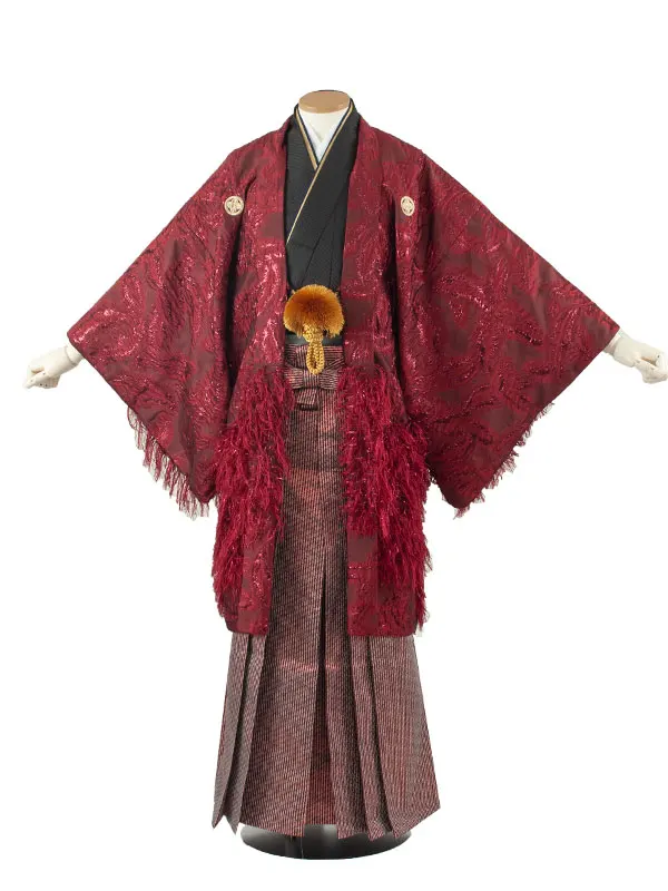 男性用袴 赤地 フリンジ ファー付き /7C29