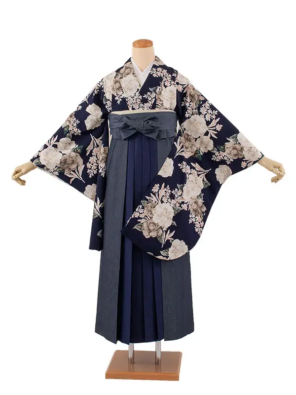 卒業袴レンタル二尺袖 Heather ネイビーピオニー×デニム切り替え 2060