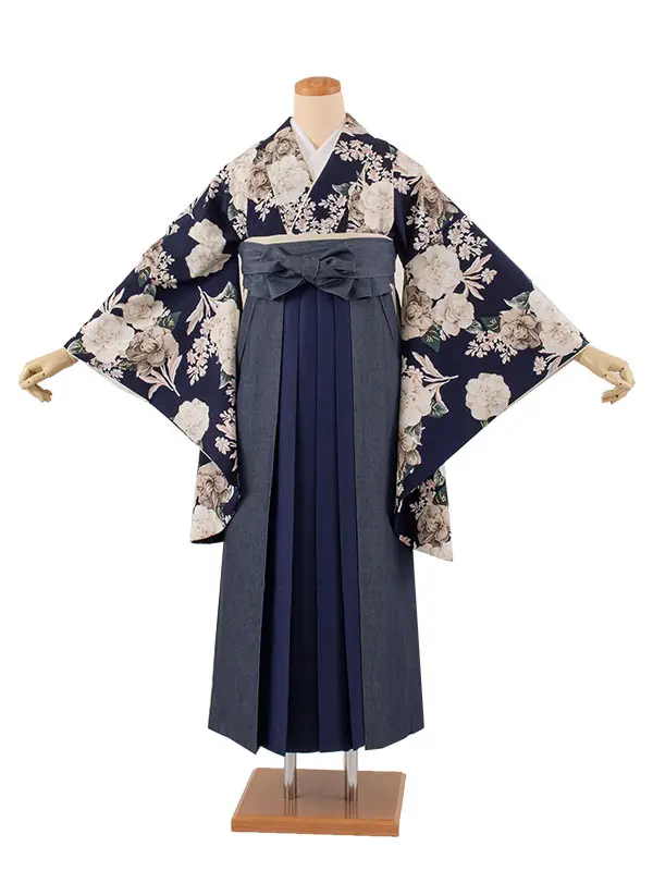 卒業袴レンタル二尺袖 Heather ネイビーピオニー×デニム切り替え 2060