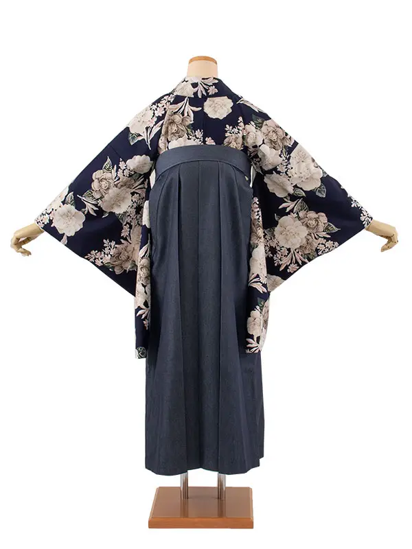 卒業袴レンタル二尺袖 Heather ネイビーピオニー×デニム切り替え 2060