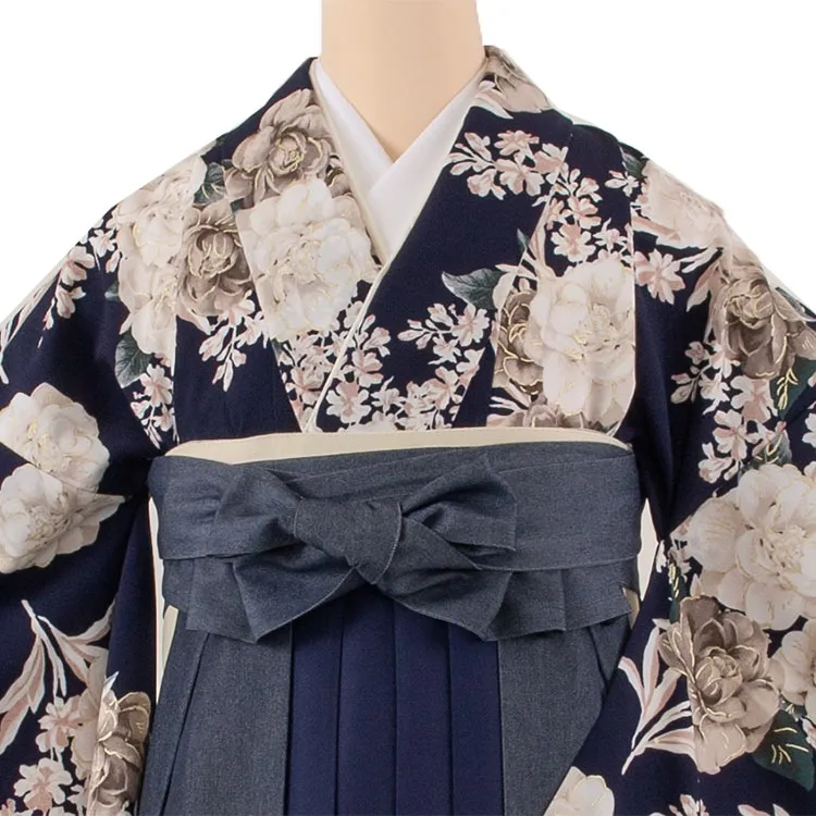 卒業袴レンタル二尺袖 Heather ネイビーピオニー×デニム切り替え 2060