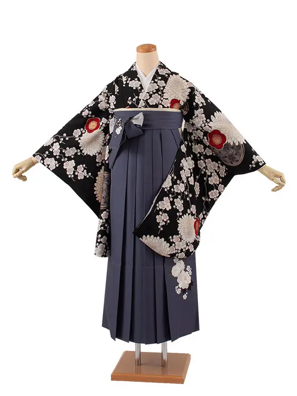 卒業袴レンタル二尺袖 九重 黒地 梅に菊 2065
