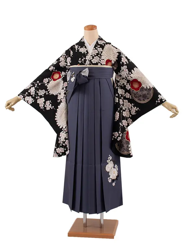 卒業袴レンタル二尺袖 九重 黒地 梅に菊 2065