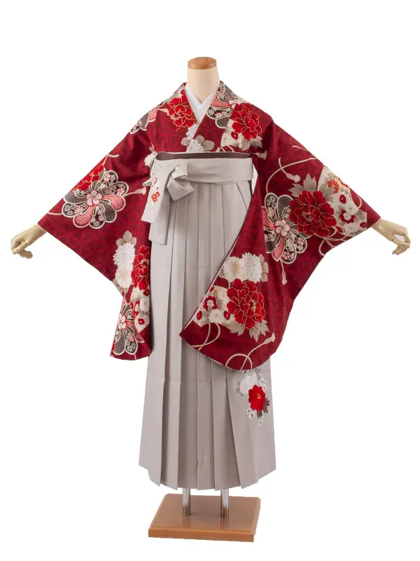 卒業袴レンタル二尺袖 九重 えんじ ねじり梅 扇面に牡丹 2066