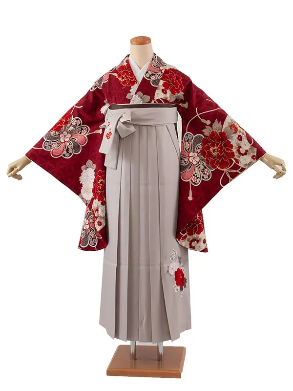 卒業袴レンタル二尺袖 九重 えんじ ねじり梅 扇面に牡丹 2066
