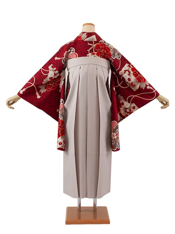 卒業袴レンタル二尺袖 九重 えんじ ねじり梅 扇面に牡丹 2066