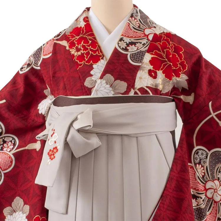 卒業袴レンタル二尺袖 九重 えんじ ねじり梅 扇面に牡丹 2066
