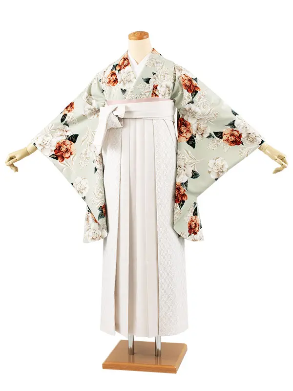 卒業袴レンタル二尺袖 Heatherペールグリーン花×アイボリーレース 2069