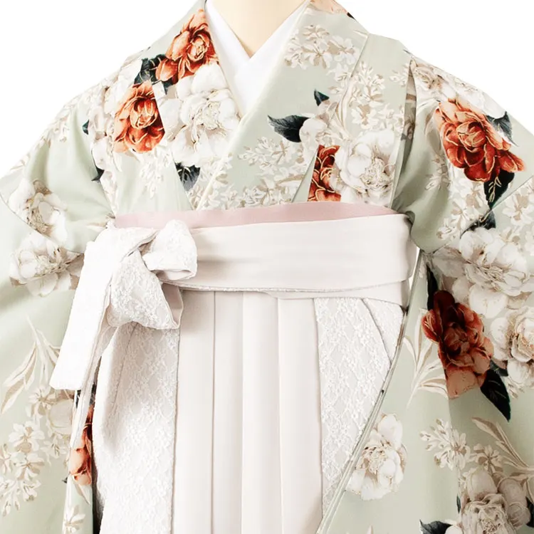 卒業袴レンタル二尺袖 Heatherペールグリーン花×アイボリーレース 2069