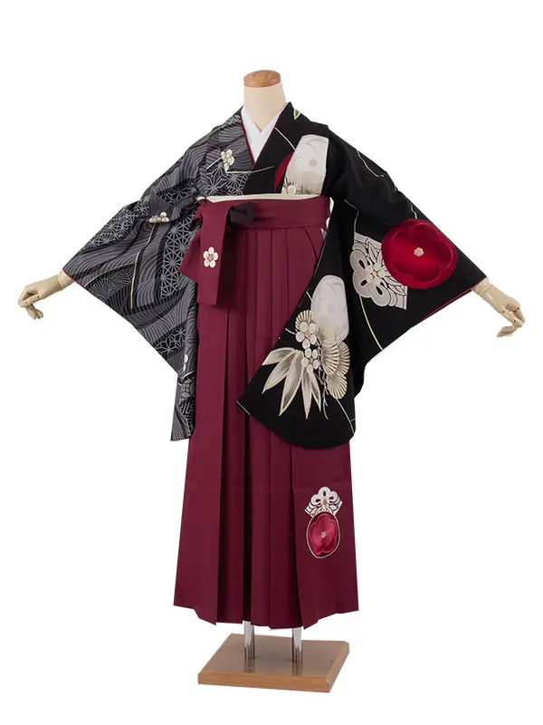 卒業袴レンタル二尺袖 JAPAN STYLE 黒片身替り梅椿×ボルドー 2070