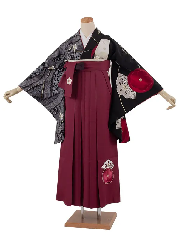 卒業袴レンタル二尺袖 JAPAN STYLE 黒片身替り梅椿×ボルドー 2070
