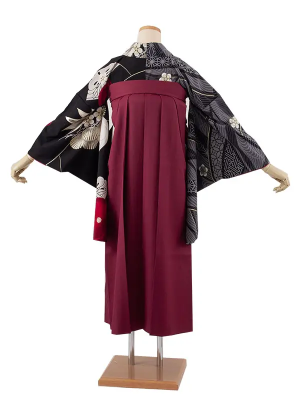 卒業袴レンタル二尺袖 JAPAN STYLE 黒片身替り梅椿×ボルドー 2070
