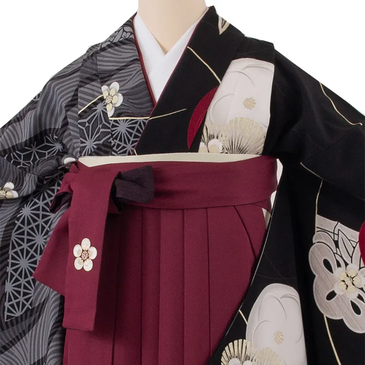 卒業袴レンタル二尺袖 JAPAN STYLE 黒片身替り梅椿×ボルドー 2070