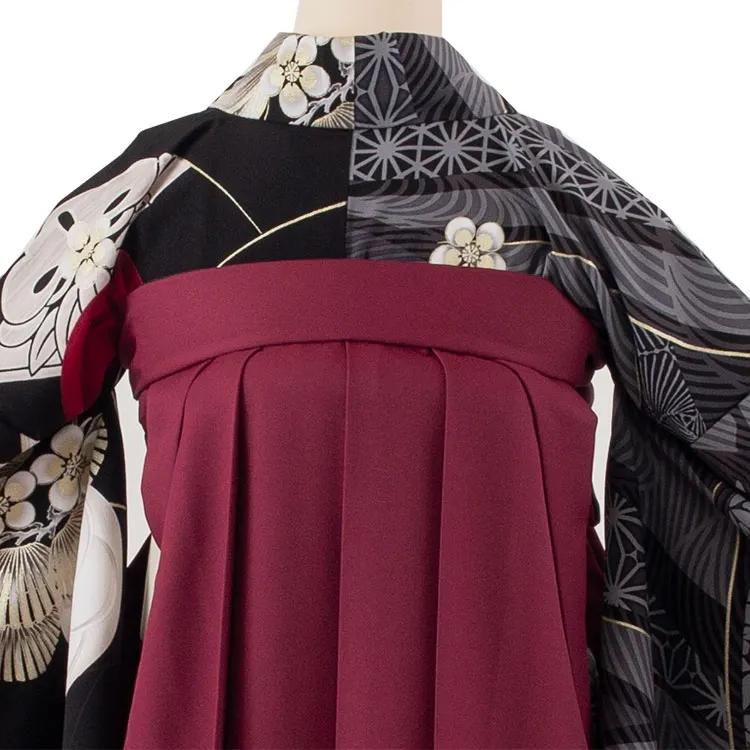 卒業袴レンタル二尺袖 JAPAN STYLE 黒片身替り梅椿×ボルドー 2070