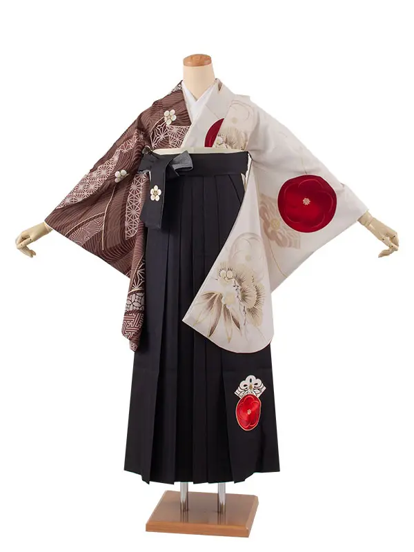 卒業袴レンタル二尺袖 JAPAN STYLE 茶白片身替り梅椿×黒 2071