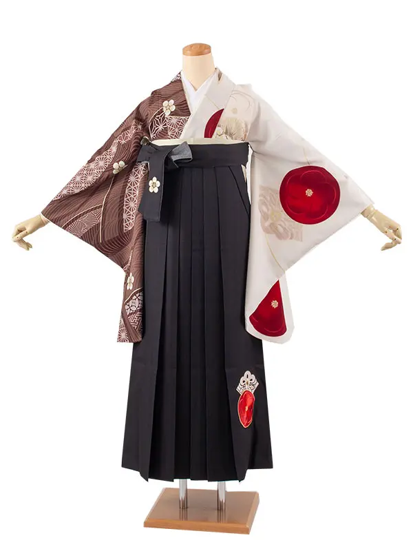 卒業袴レンタル二尺袖 JAPAN STYLE 茶白片身替り梅椿×黒 2071