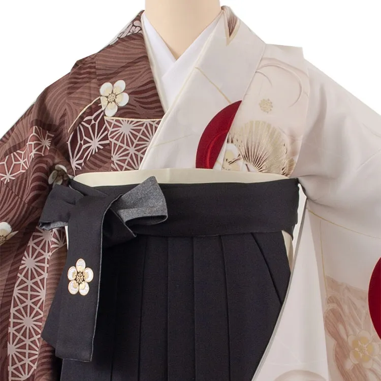 卒業袴レンタル二尺袖 JAPAN STYLE 茶白片身替り梅椿×黒 2071