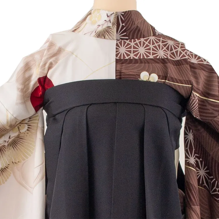 卒業袴レンタル二尺袖 JAPAN STYLE 茶白片身替り梅椿×黒 2071