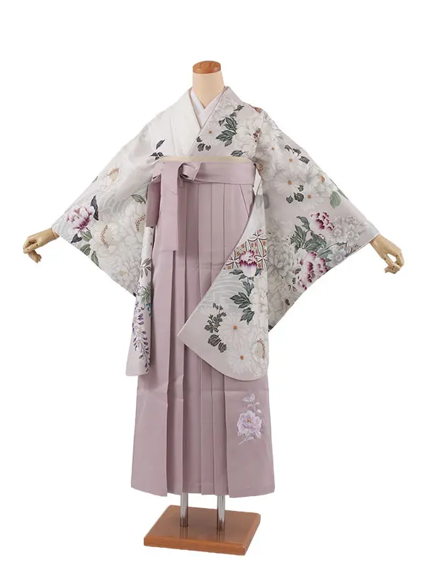 卒業袴レンタル二尺袖 白×薄ピンクベージュ 牡丹 菊 2080