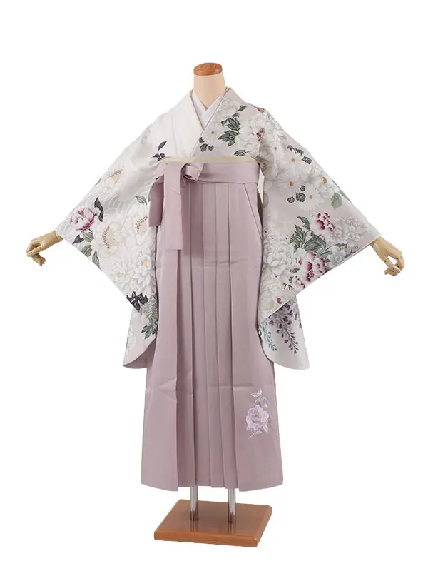 卒業袴レンタル二尺袖 白×薄ピンクベージュ 牡丹 菊 2080