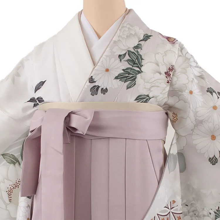卒業袴レンタル二尺袖 白×薄ピンクベージュ 牡丹 菊 2080