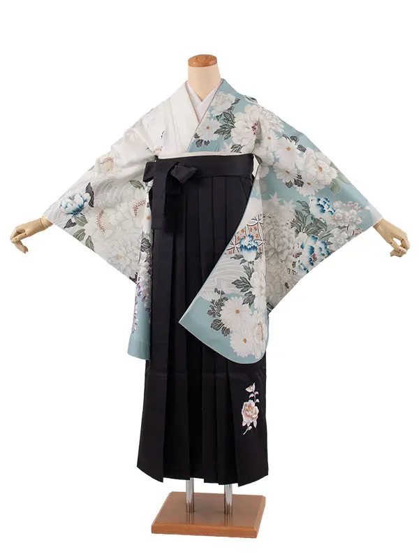 卒業袴レンタル二尺袖 白×くすみブルー 牡丹 菊 2081