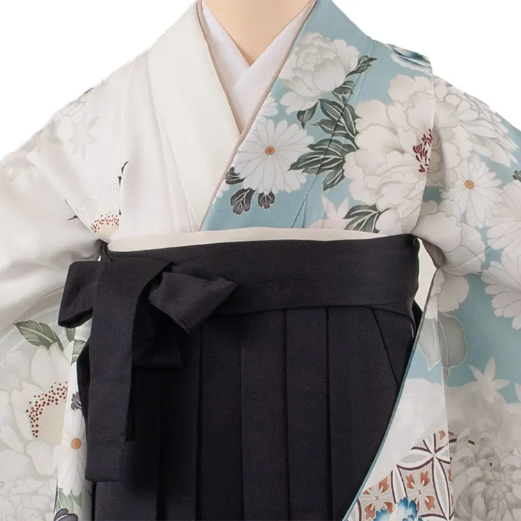 卒業袴レンタル二尺袖 白×くすみブルー 牡丹 菊 2081