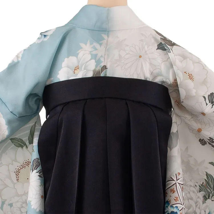 卒業袴レンタル二尺袖 白×くすみブルー 牡丹 菊 2081