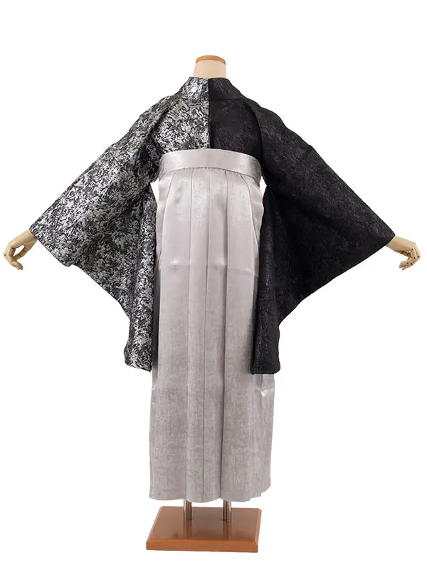 卒業袴レンタル二尺袖 黒シルバー片身替り 2083
