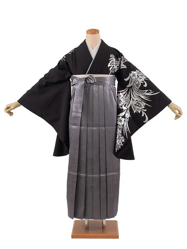 卒業袴レンタル二尺袖 黒地 花 2084