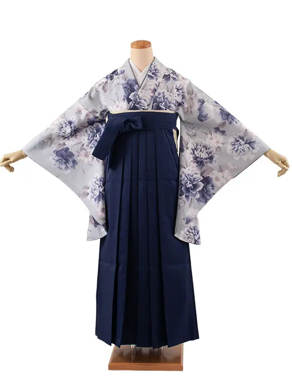 卒業袴レンタル二尺袖 くすみブルー 牡丹 2086