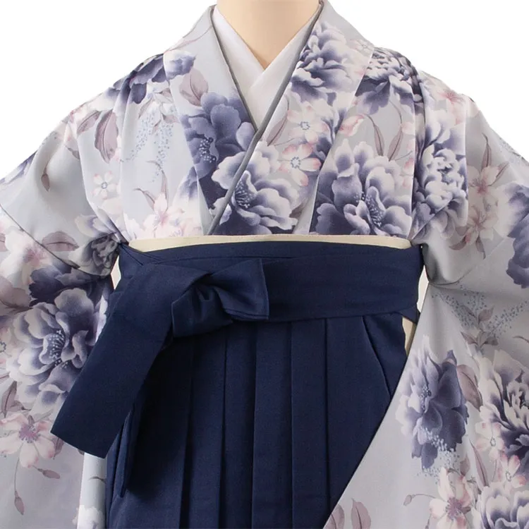 卒業袴レンタル二尺袖 くすみブルー 牡丹 2086