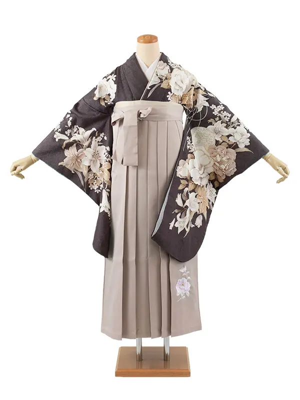 卒業袴レンタル二尺袖 ダークグレー 牡丹 2089