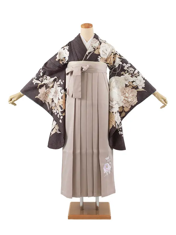 卒業袴レンタル二尺袖 ダークグレー 牡丹 2089