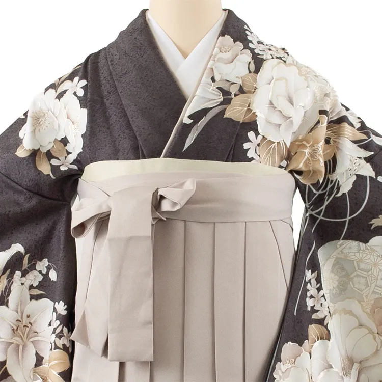 卒業袴レンタル二尺袖 ダークグレー 牡丹 2089