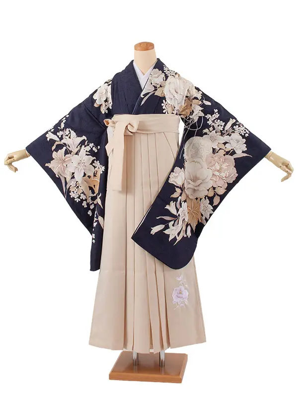 卒業袴レンタル二尺袖 紺地 牡丹 2090