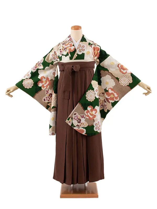 卒業袴レンタル二尺袖 グリーン ねじり梅 椿 2093