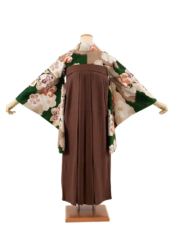 卒業袴レンタル二尺袖 グリーン ねじり梅 椿 2093
