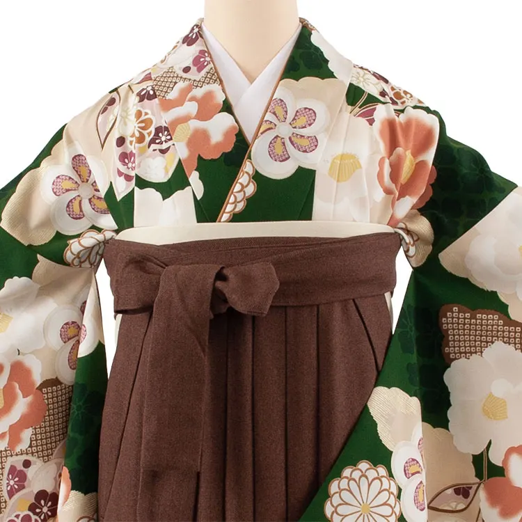 卒業袴レンタル二尺袖 グリーン ねじり梅 椿 2093