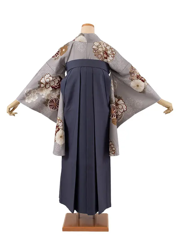 卒業袴レンタル二尺袖 グレー 牡丹と菊 2095