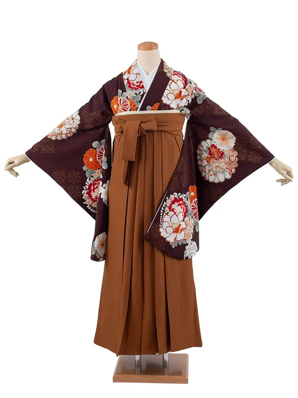 卒業袴レンタル二尺袖 ダークブラウン 牡丹と菊 2096