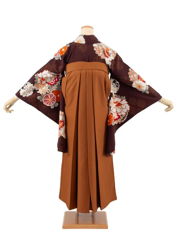 卒業袴レンタル二尺袖 ダークブラウン 牡丹と菊 2096