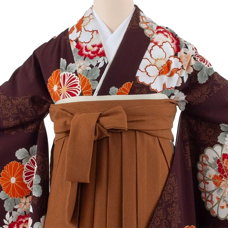 卒業袴レンタル二尺袖 ダークブラウン 牡丹と菊 2096