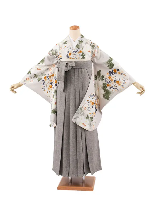 卒業袴レンタル二尺袖 グレージュ 牡丹と梅 2097