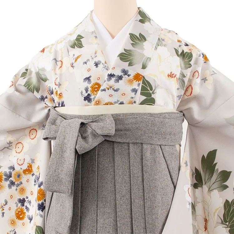 卒業袴レンタル二尺袖 グレージュ 牡丹と梅 2097